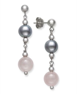 Macy's - Gray Cultured Freshwater Pearl 7.5-8.5mm and Rose Quartz 8mm Drop Earrings in Sterling Silver