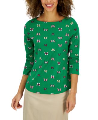 Charter Club - Petite Butterfly-Print 3/4-Sleeve Boat-Neck Top