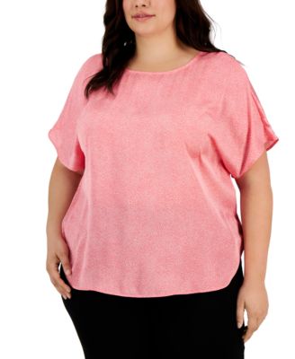 Anne Klein - Plus Size Printed Satin Short Sleeve Blouse