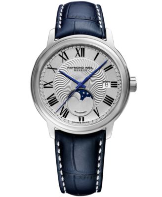 Raymond Weil - Men's Swiss Maestro Moonphase Dark Blue Leather Strap Watch 39.5mm