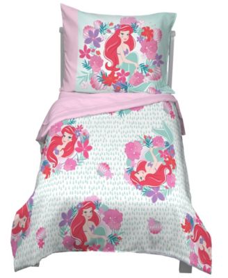 Disney - Ariel Sea Garden 4 Piece Toddler Bed Set Comforter, Fitted Sheet, Flat Top Sheet, Reversible Standard Size Pillowcase