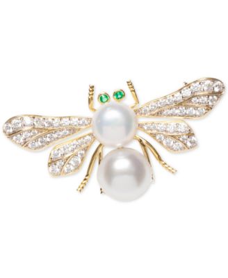 Macy's - Cultured Freshwater Pearl (8 & 9mm) & Cubic Zirconia Bee Pin in Sterling Silver & 18k Gold-Plate