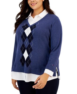 Tommy Hilfiger - Plus Size Cotton Argyle Layered-Look Sweater