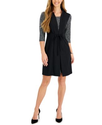 Connected - Women's Round-Neck Tie-Waist Mixed-Media Sheath Dress