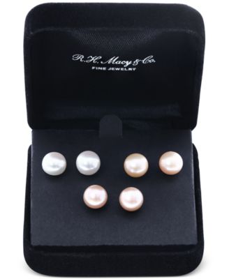 EFFY Collection - 3-Pc. Set Pink, Peach, & White Cultured Freshwater Pearl (9mm) Stud Earrings in Sterling Silver