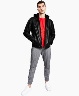 INC International Concepts - Men's Regular-Fit Faux-Leather Bomber Jacket with Removable Hood
