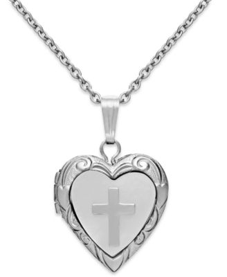Macy's - Mother of Pearl Cross and Heart Locket in Sterling Silver (1/5 ct. t.w.)