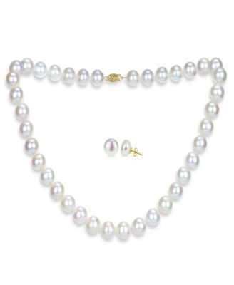 Macy's - White Freshwater Cultured Pearl (11-11.5 mm) Strand Necklace and Stud Earrings Set in 14k Yellow Gold