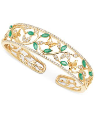 Macy's - Emerald (1-7/8 ct. t.w.) & White Topaz (1-5/8 ct. t.w.) Openwork Cuff Bangle Bracelet in 14K Gold-Plated Sterling Silver