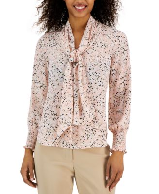 Anne Klein - Women's Abstract-Print Tie-Neck Smocked-Cuff Blouse