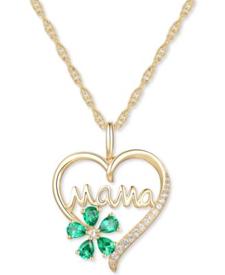 Macy's - Lab-Created Emerald (5/8 ct. t.w.) & Lab-Created White Sapphire (1/10 ct. t.w.) Mama 18" Pendant Necklace in 10k Gold