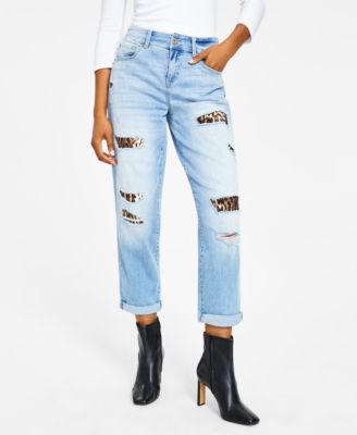 INC International Concepts - Leopard-Detail Destructed Boyfriend Jean
