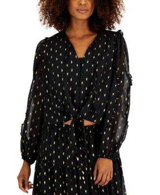 INC International Concepts - Women's Long-Sleeve Metallic-Print Tie-Waist Blouse