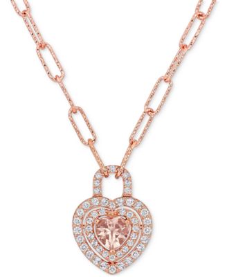 Macy's - Morganite (5/8 ct. t.w.) & White Topaz (7/8 ct. t.w.) Heart Padlock 18" Pendant Necklace in 18k Rose Gold-Plated Sterling Silver