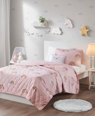 Mi Zone Kids - Alicia Rainbow with Metallic Printed Stars Reversible Coverlet Sets