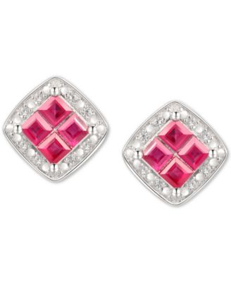 Macy's - Ruby (5/8 ct. t.w.) & Diamond (1/20 ct. t.w.) Square Stud Earrings in Sterling Silver