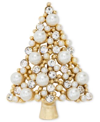 Holiday Lane - Gold-Tone Crystal & Imitation Pearl Tree Pin