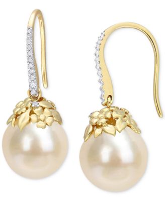 Macy's - Cultured South Sea Pearl (9-10mm) & Diamond (1/8 ct. t.w.) Drop Earrings in 14k Gold