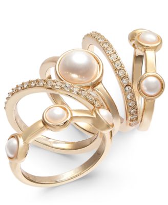 INC International Concepts - Gold-Tone 5-Pc. Set Pav&eacute; & Imitation Pearl Stackable Rings