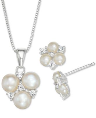 Macy's - Cultured Freshwater Pearl and Cubic Zirconia Pendant Necklace and Stud Earrings Set in Sterling Silver
