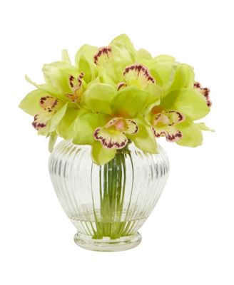 Nearly Natural - Cymbidium Orchid Artificial Arrangement in Glass Vase
