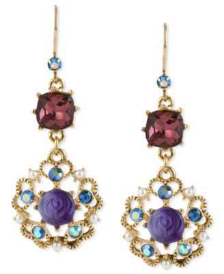 Betsey Johnson - Antique Gold-Tone Flower Medallion Crystal Drop Earrings