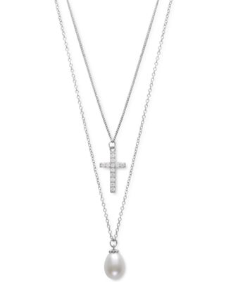 Belle de Mer - Cultured Freshwater Pearl (8mm) & Cubic Zirconia Cross Layered Necklace in Sterling Silver, 16" + 1" extender