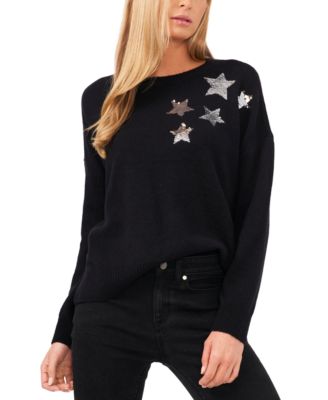CeCe - Women's Crewneck Long Sleeve Star Sequin Sweater
