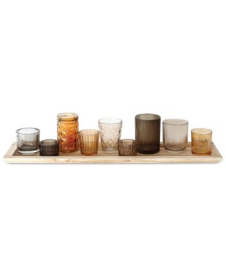 3R Studio - 10-Pc. Wood Tray & Brown Glass Votive Holders