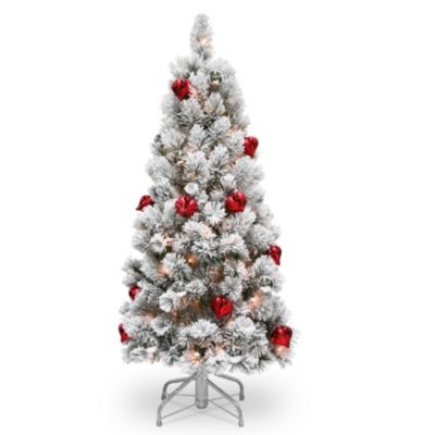 National Tree Company - National Tree 4 .5' Snowy Bristle Pine Tree with Red Silver Ornaments 150 Clear Lights