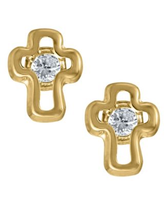 Macy's - Children's Cubic Zirconia Cross Earrings in 14k Yellow Gold