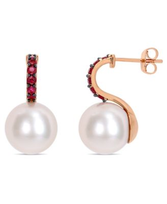 Macy's - Freshwater Cultured Pearl (11-12mm) and Ruby (1/2 ct. t.w.) Drop Earrings in 10k Rose Gold