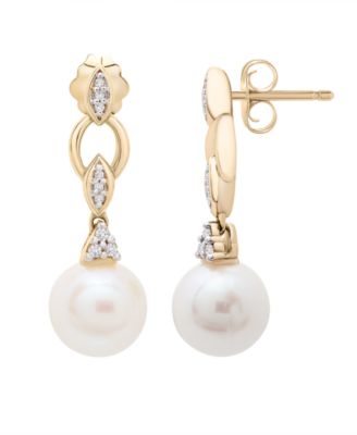 Macy's - Cultured Freshwater Pearl (7mm) and Diamond Accent Earrings in 14k Yellow Gold