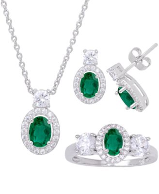 Macy's - Simulated Emerald Oval Halo 3 Piece, Pendant, Earrings and Ring, Set in Fine Silver Plate