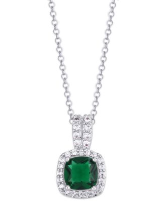 Macy's - Simulated Birthstone Cushion Cubic Zirconia Halo Pendant Necklace in Fine Silver Plate
