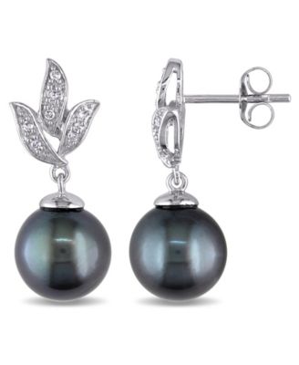 Macy's - Tahitian Cultured Pearl (9-9.5mm) and Diamond (1/10 ct. t.w.) Floral Earrings in 10k White Gold