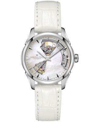 Hamilton - Women's Swiss Automatic Jazzmaster Open Heart White Leather Strap Watch 36mm