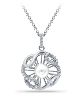 Macy's - Imitation Pearl and Cubic Zirconia Crystal Halo Pendant Fine Silver Plate 18"