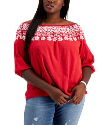 Tommy Hilfiger - Plus Size Off-The-Shoulder Embroidered Top