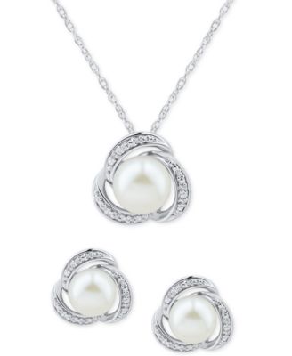 Macy's - 2-Pc. Set Cultured Freshwater Pearl (7-8mm) & Diamond (1/20 ct. t.w.) Love Knot Pendant Necklace & Matching Stud Earrings in Sterling Silver