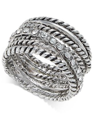 INC International Concepts - Silver-Tone Textured Pav&eacute; Statement Ring